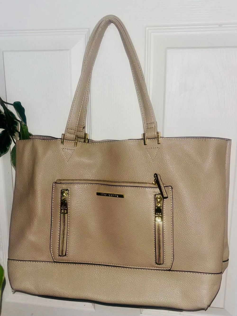 Steve Madden Taupe Leather Tote with Gold Hardware